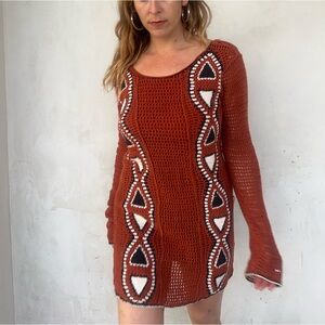 Rust Crochet Tunic Sweater with Geometric Trim